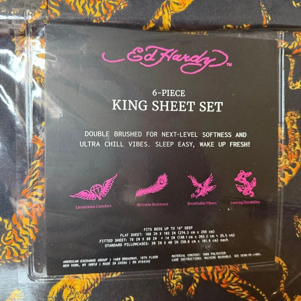 New Ed Hardy King 6 Pc Double Brushed Sheet Set Black Orange Tiger Bedding Y2K
